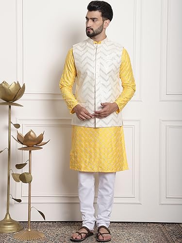 Image of SOJANYA (Since 1958 Men's Silk Blend Kurta and Pyjama with Nehru Jacket