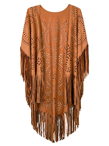 PERSUN Women's Faux Suede Kimono Cape Fringed Asymmetric Cover up Shawl Brown