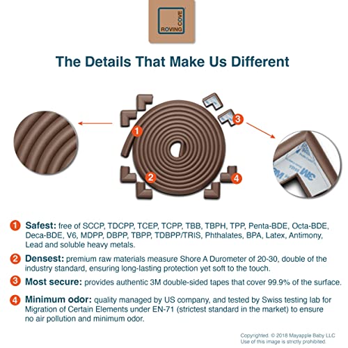 Rovingcove Edge Corner Protector Baby Proofing (Large 18Ft Edge 8 Corners), Hefty-Fit Heavy-Duty, Soft Nbr Rubber Foam, Furniture Fireplace Safety Corner Edge Bumper Guard, 3M Adhesive, Coffee Brown #TOP5