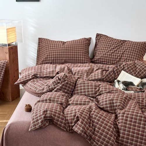 Image of EAVD Vintage Style Burgundy Gingham Duvet Cover Full 100% Washed Cotton Like Linen Feel Soft Checkered Grid Plaid Bedding Set with 2 Pillowcases Farmhouse Grid Geometric Duvet Cover with Zipper