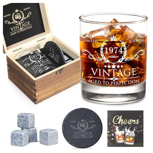 50th Birthday Gifts for Men Whiskey Glass Set - 50th Birthday Decorations, Party Supplies - 50 Year Anniversary, Bday Gifts Ideas for Him, Dad, Husband, Friends - Wood Box & Whiskey Stones & Coaster