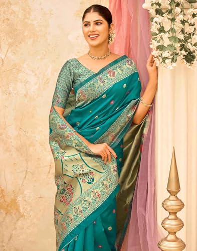 Image of SIRIL Women's Weaving Paithani Silk Saree With Unstitched Blouse Piece