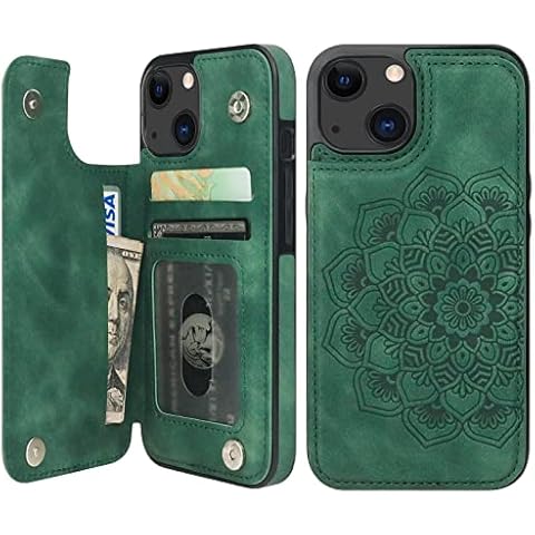 Vaburs Compatible with iPhone 14 Case Wallet with Card Holder, Embossed Mandala Pattern Flower PU Leather Double Buttons Flip Shockproof Cover for Magnetic Car Mount 6.1 Inch (Dark Green) Cover