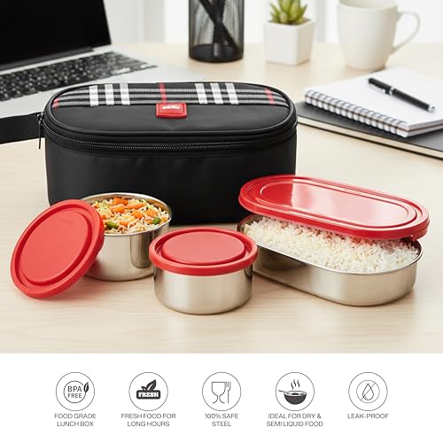 Image of CELLO MF Trent Plus Lunch Box with Bag for Office, Red | 300ml x 2 Steel Containers, 500ml Oval Plastic Containers, Leak Proof Airtight Snap Lock Lid Tiffin Box Set for School Kids, College & Travel