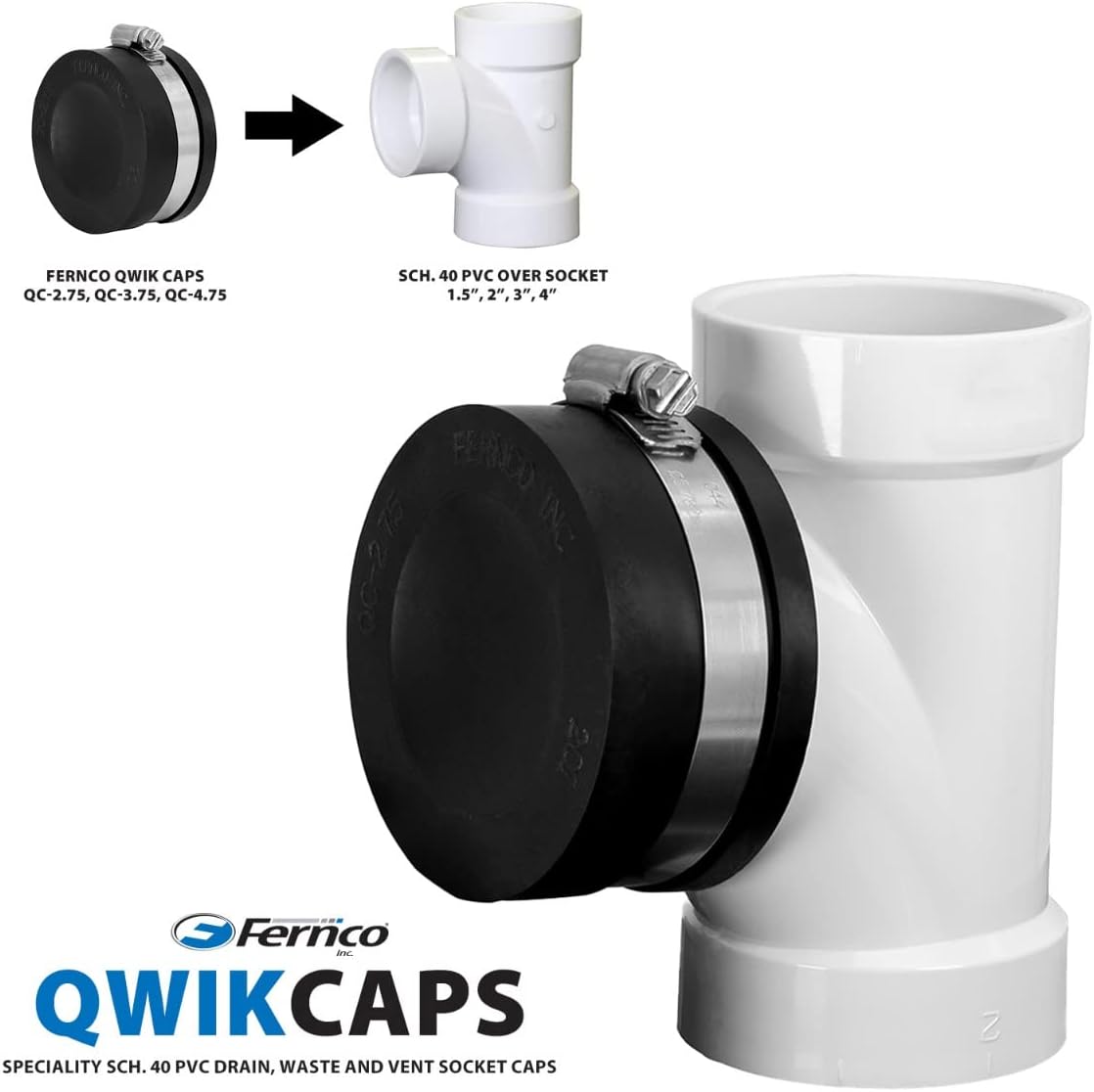 Diagram showing a Fernco Qwik Cap being installed over a Schedule 40 PVC socket, illustrating the slip-on connection method.