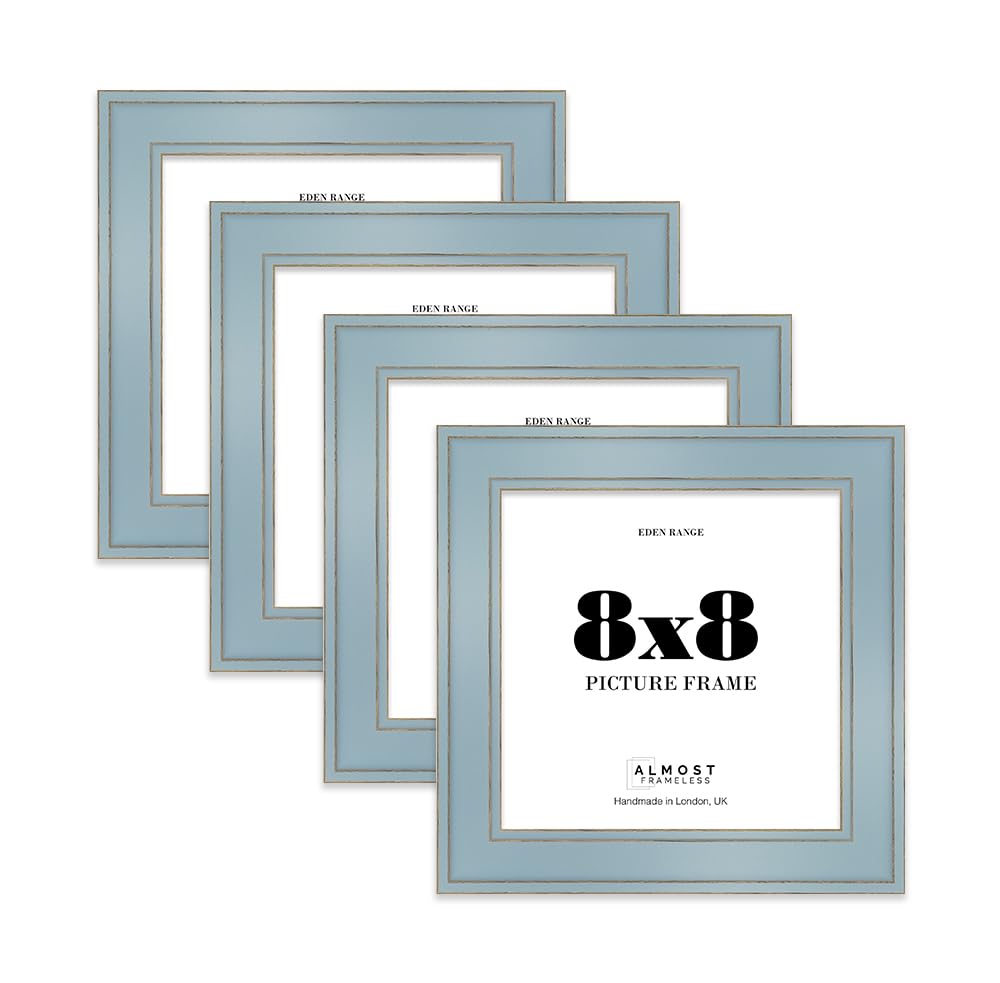 8x8 Cornflower Blue Picture Frame - Shabby Chic Photo Frame with Distressed Finish, Gold Trim, Wall Hooks and Kickstand, 37mm Edge - 4 Pack