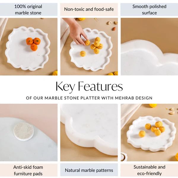 Image of B R & Sons Elegant Floral Design White Marble Serving Tray - Decorative Platter for Home Decor, Cheese Board, Dessert & Snacks - Handmade in India 8x8 Inches (White, Square Mehrab)