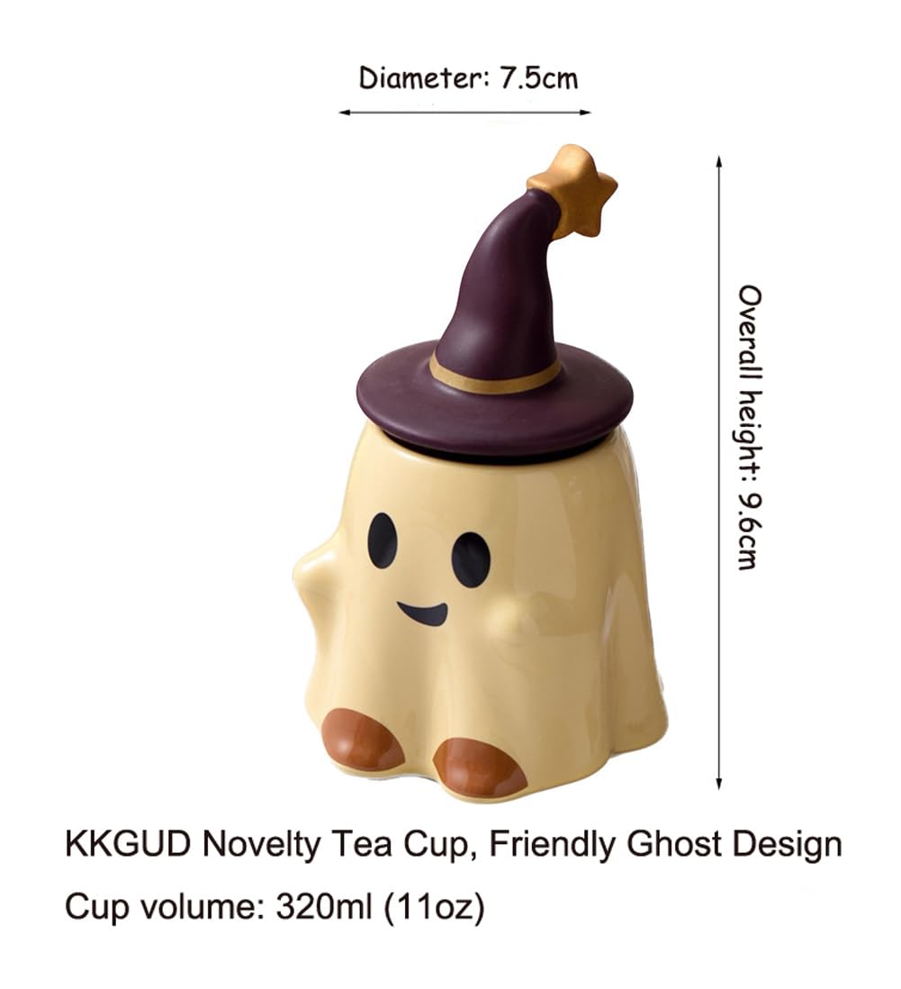 KKGUD Novelty Tea Cup, Ceramic 11oz Halloween Coffee Mug with Lid- Friendly Ghost (Yellow), Friendly Ghost- Yellow, Normal - Image 2