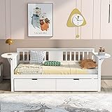 Daybed with Two Drawers, Wood Twin Size Sofa Bed Frame with Small Table, Storage Daybed for Bedroom,...