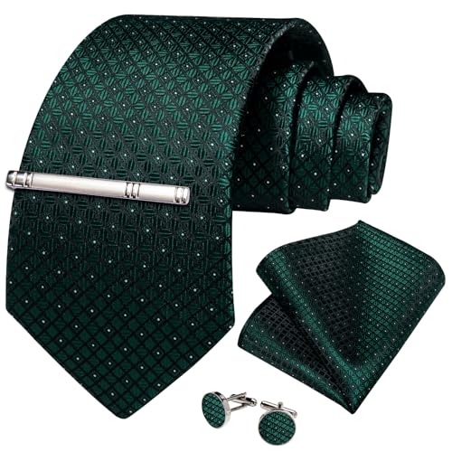Image of DiBanGu Mens Silk Plaid Tie and Pocket Square Set | Elegant Silk Formal Tie Set, Woven Check Necktie and Cufflinks Tie Clip Set, Perfect for Wedding Party, Comes in Gift Box