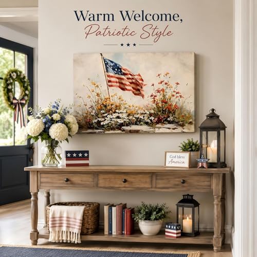 Image of 4th of July Framed Canvas Wall Art 12x18in, Vintage Patriotic Prints Pictures, Farmhouse Decor Artwork for Living Room Bedroom Office Bathroom, Made in USA
