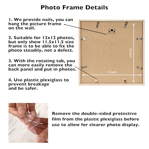 Image of JCJMY 12x12 inch Picture Frame, Horizontal and Vertical Formats for Wall Hanging, 12 x 12 Square Wall Gallery Poster Photo Frame with Shatter Resistant Plexiglass, Natural