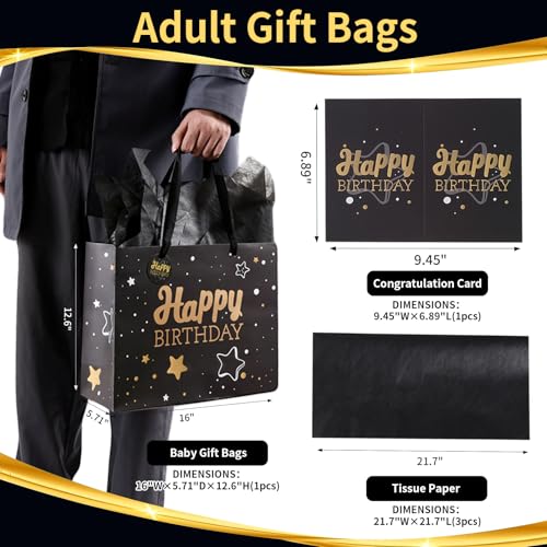 Image of 16 inch Black Happy Birthday Gift Bag with Tissue Paper and Greeting Card for Party,Happy Birthday Gift Bag for Men Women,Gift Bags Extra Large(1 PCS Black Hot Stamping)