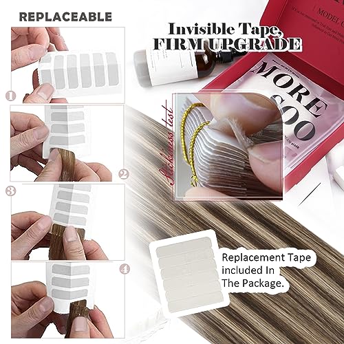 Moresoo Tape in Hair Extensions Human Hair 18 Inch Brown Highlights Caramel Blonde Tape in Human Hair Extensions Remy Hair Straight 20 Pieces/50g #P4/27 - Image 4