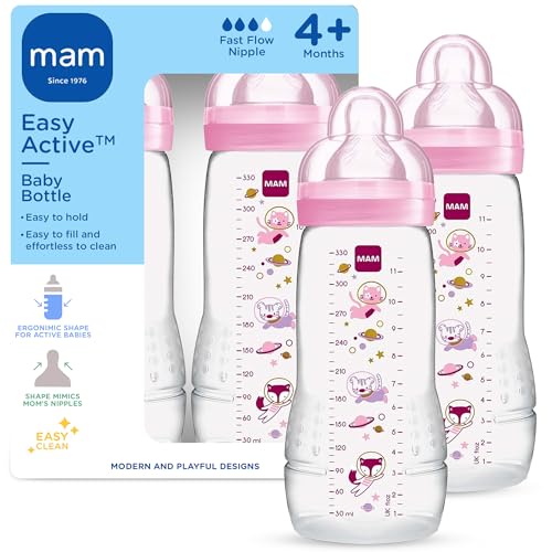 MAM Easy Active Baby Bottles 11oz, Fast Flow Skinsoft Silicone Nipple with Wide Neck Ergonomic Design, Easy to Hold, BPA-Free, Bottles with Leak-Proof...