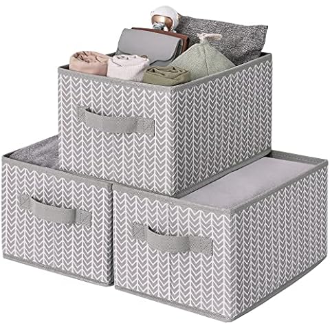 GRANNY SAYS Storage Bins, Linen Closet Organizers and Storage Baskets, Rectangle Storage Boxes, Fabric Storage Containers for Home Wardrobe Shelf Wire Shelves, Gray/White, 3-Pack Cover