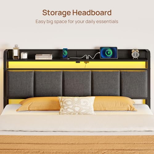 Image of Rolanstar Bed Frame Queen Size with Charging Station and LED Lights, Upholstered Storage Headboard with Drawers, Heavy Duty Metal Slats, No Box Spring Needed, Noise Free, Easy Assembly, Dark Grey