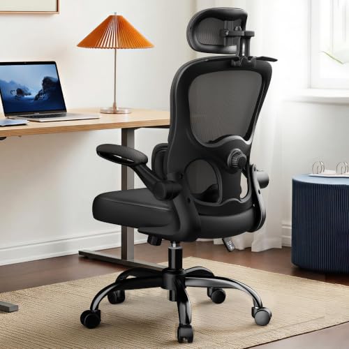 Image of VUSIGN Ergonomic Office Chair, High Back Mesh Desk Chair with Adjustable 3D Headrest & Lumbar Support, Flip-Up Arms, 300lbs Wide Seat Swivel Rolling Computer Gaming Chair, for Home Office - Black