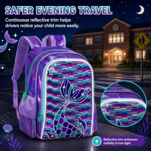 Image of 16 inch Mermaid Backpack for Girls, 3Pcs Sequin Fish Tail School Backpacks Set for Elementary Preschool Kindergarten, Kids Bookbag with Lunch Box (Purple)