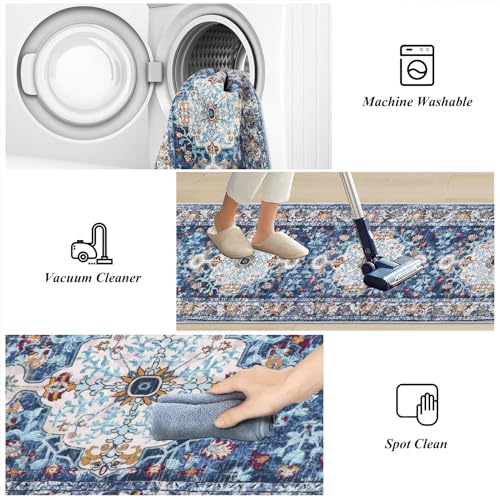 Alfombra de pasillo bohemia de 2x12 pies azul lavable para cocina 8