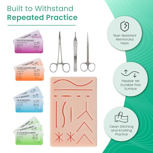 Image of Suture Practice Kit, 32 Pc Suturing Kit with Large Silicone Pad & Tools | 3 layer suture pad with precut wounds, stainless steel hemostat, forceps & scissors, training & education use only