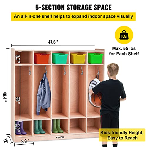 Happybuy 5-Section School Storage Locker, Wooden Storage Cabinet with 4 Casters, Classroom Cubbies for Storage, 15mm Thick Plywood Locker for Home, Office, School,Gym, Kindergarten - Image 3