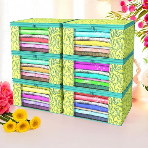Image of Kuber Industries (Pack of 6) Saree Covers | Foldable Storage Bag for Almirah & Wardrobe | Non-Woven Saree Bags (9 Inch) Clothes Bag for Women (Leaf Printed) Sari Cover Bags | Green