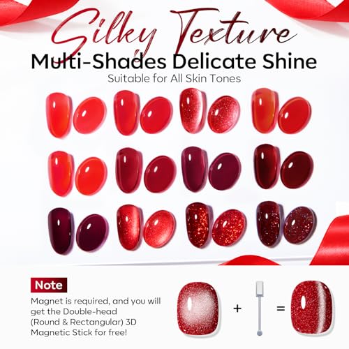Image of modelones 12Pcs 15ML Red Gel Nail Polish Set, Same Bottle Same Bottle Burgundy Cherry Dark Red Cat Eye Glitter Color Changing Hema Free Gel Polish Kit with Magnet Soak Off Manicure Nail Art DIY
