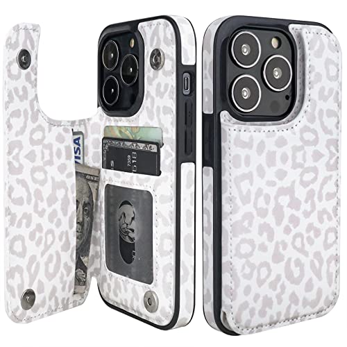Image of HAOPINSH for iPhone 13 Pro Case Wallet with Card Holder, White Leopard Cheetah Pattern Back Flip Folio PU Leather Kickstand Card Slots Case for Women Girls, Double Magnetic Shockproof Cover 6.1 inch