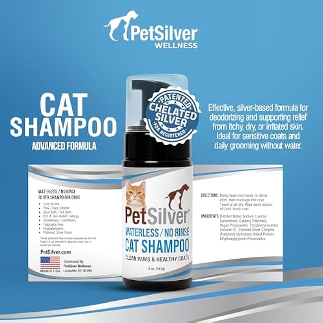 PetSilver Waterless Cat Shampoo - No Rinse Bath & Dry Shampoo for Cats - Long-Haired & Sensitive Skin - Cleans, Conditions & Moisturizes - Hypoallergenic & Fragrance-Free - Patented Formula - 5 fl oz-QkhAcZWQ