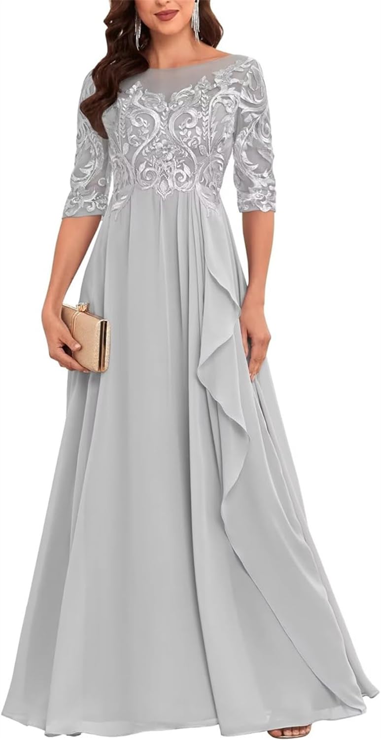 Yiann Women's Silver Lace Chiffon Mother Of The Bride Dress For Wedding Long Mother Of The Groom Dresses With Sleeves Uk14