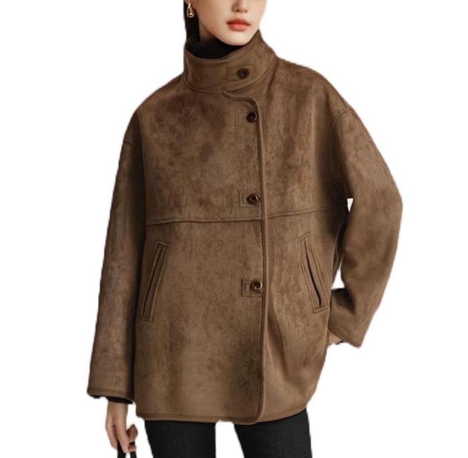 XIMO Women's Suede Jacket with Faux Fur Lining Vintage Longline Winter Coat Warm Plush Lined Outerwear Retro Leather Jacket