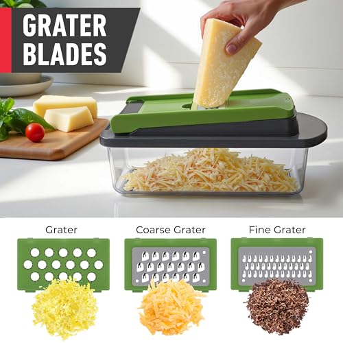 Mueller Pro-Series 10-in-1, 8 Blade Vegetable Chopper, Onion Mincer, Cutter, Dicer, Egg Slicer with Container, French Fry Cutter Potato Slicer, Home Essentials, Salad Chopper,Gray/Green