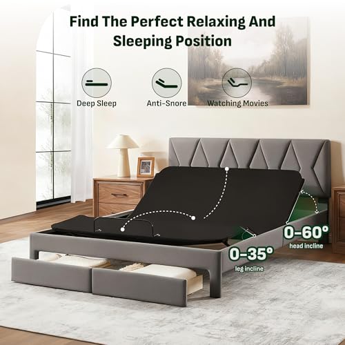 Image of Softa Queen All-in-One Adjustable Bed Frame with 10 inch Hybrid Mattress, Upholstered Headboard, 2 Storage Drawers, Wired Remote, Quiet Motor, 10-Year Warranty