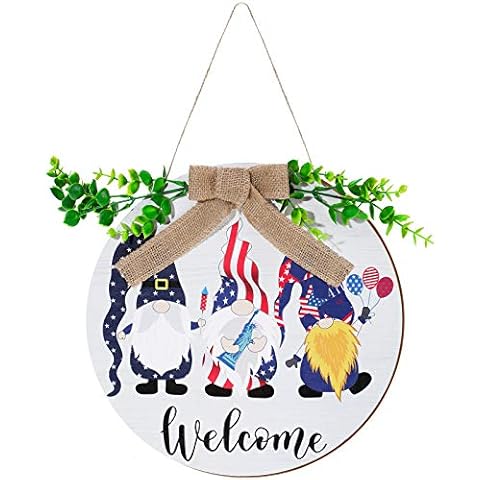 Quzzil Fourth of July Welcome Wooden Sign Round Wood Independence Day Hanging Door Sign with Ribbon Bow Decoration and Artificial Branch for Independence Day Patriotic Party Supply Decoration Cover