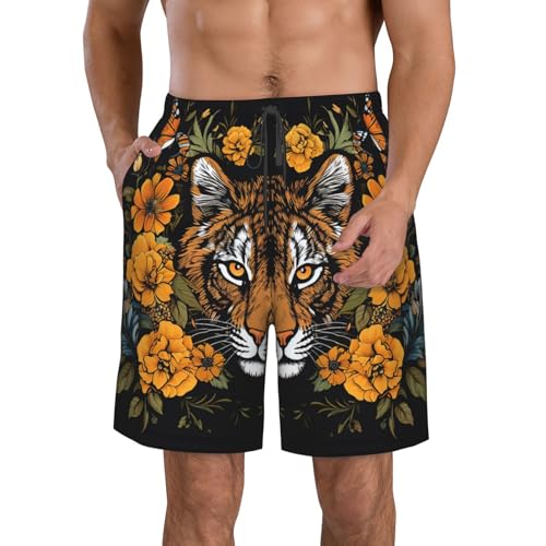 Tiger and Sunflower on Black Background Men's Casual Shorts Drawstring Summer Beach Shorts Quick Dry Bathing Suits Hawaii Swim Trunks X-Large