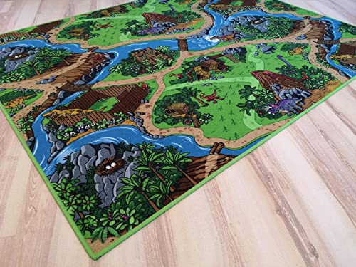 Kinderteppich Dino grün bunt Spielteppich Dinosaurier (140 x 200 cm)