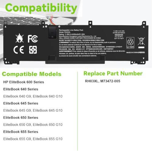 Image of 11.58V 51.3Wh RH03XL RH03XL-L Laptop Battery for HP EliteBook 640 G9 G10 /650 G10 /655 G10 Probook 440 G10 /445 G10 G11 /450 G9 G10 /455 G10 /460, TPN-DB0L,TPN-DB0T,TPN-IB0A,TPN-IB0K,TPN-IB0L,TPN-IB0P