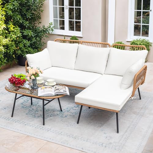 Greesum Outdoor Rope Woven Patio Furniture L-Shaped Conversation Sectional Sofa Set Detachable Lounger For Backyard Porch With Thick Cushions & Long Table thumb #1