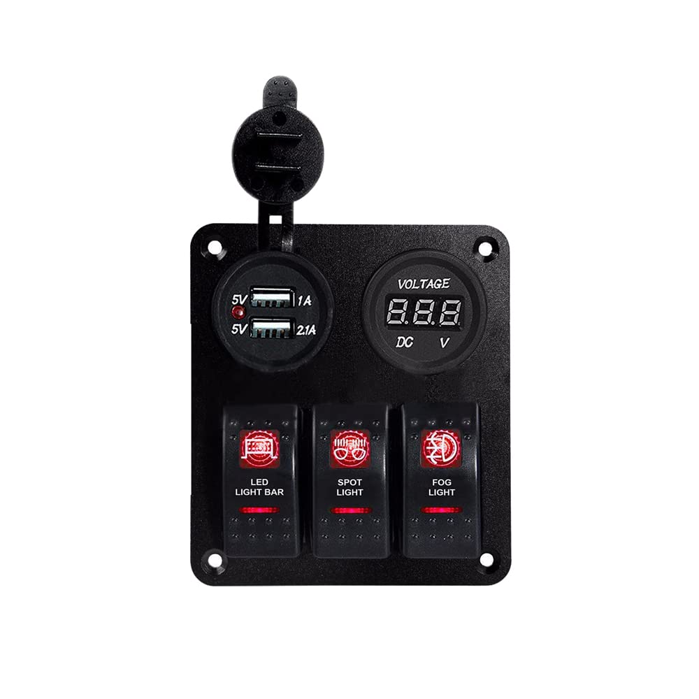 Riloer Panel de interruptor de combinación de 3 bandas, 12 V - 24 V ABS, panel de interruptor basculante de encendido y apagado con LED, con luz LED azul/rojo/verde