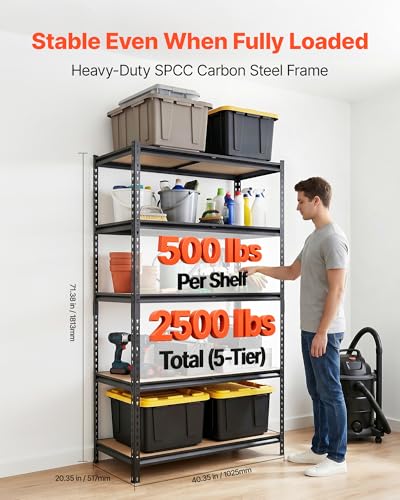 Image of VEVOR Storage Shelves, 5-Tier Adjustable, 2500 lbs Capacity, Heavy Duty Garage Storage Shelving Unit, Metal Utility Rack Shelf, for Garage Warehouse Basement Kitchen, 40.35 inch W x 20.35 inch D x 71.38 inch H