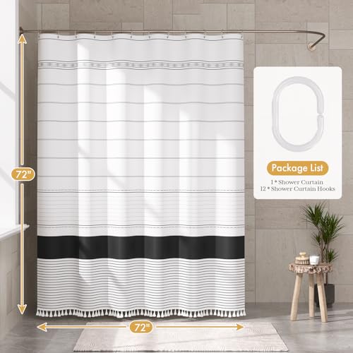 Image of AmazerBath Boho Shower Curtain Set, Rustic Faux Linen Black Striped Shower Curtain with Hooks, Modern Farmhouse Shower Curtain with Tassels, White Base Toned, 72x72 Inches