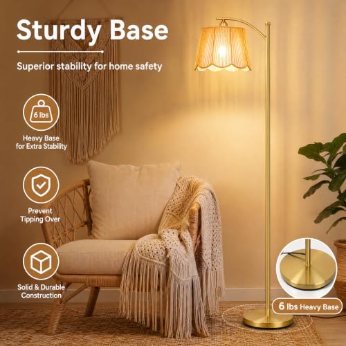 Image of Rattan Boho Arc Floor Lamp with Flower-Inspired Shade & 50FT Remote Control