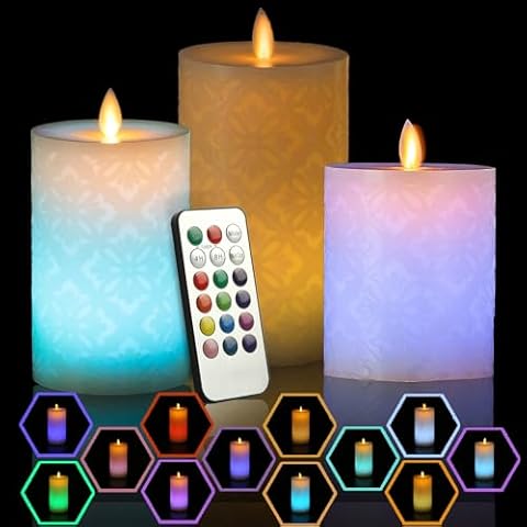 Niceme 3PCS Flameless Candle with 18 Key Remote Control Timer Realistic Color Changing LED Tea Light Candle Flickering Battery Operated Real Wax Multi-Color Fake Pillar Candle for Home Decor Christmas Cover