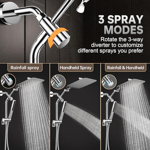 Image of Veken All Metal 10 inch Shower Head with Handheld, Luxurious Square Double Rain Shower Heads,Power Wash Wand,Dual High Pressure Detachable Rainfall Showerhead with Spray Combo,Extension Arm,Chrome,Sliver