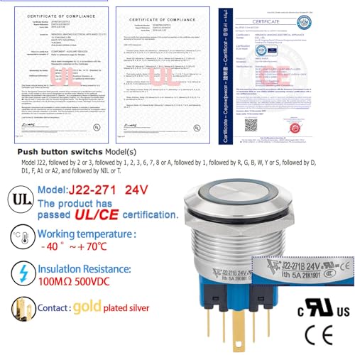 Zjwzjh J22-271/J22-371 22Mm Latching Push Button Switch 12V Dc/Ac Spdt thumb #2