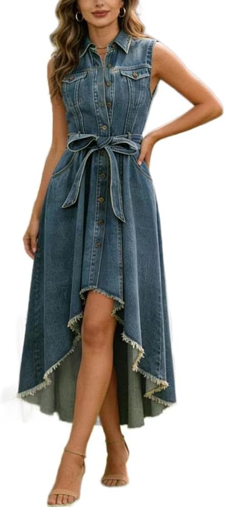 Women's Summer Button Down Denim Shirt Dress Business Casual Belted Sleeveless High Low Hem Midi Long Jean Dress