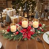 Alupssuc 28' Christmas Centerpiece with 3 Candle Holders Trays,Dining Table Decoration with Baubles, Pine Cones, Red Berries, Spruce Branches, Flower for Indoor Home Party Table Holiday Decor, 1 Pcs