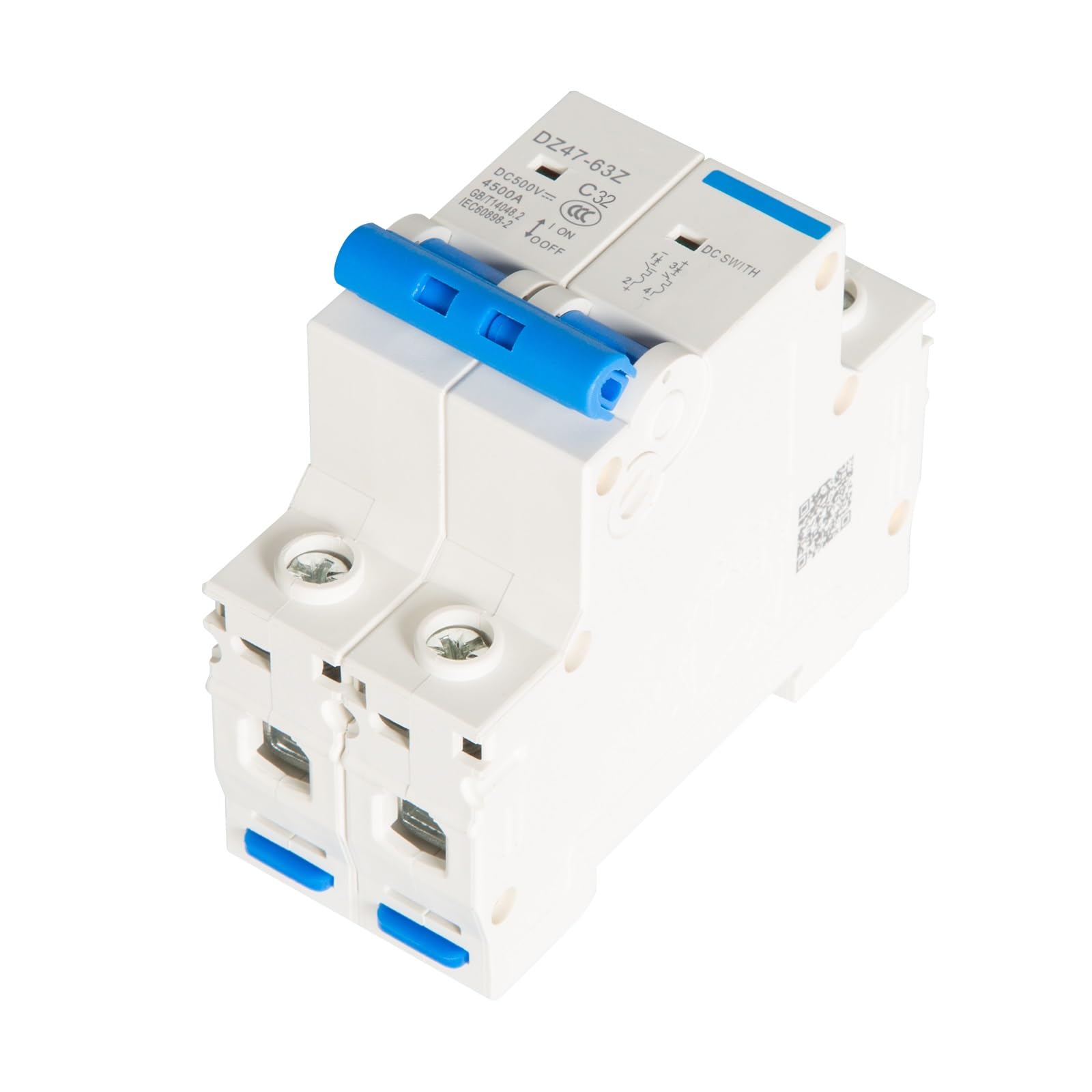 DEWIN Interruttore Automatico Miniatura,2P DC 500V 32A Interruttore Magnetotermico Fotovoltaico DC Mini Interruttore con Protezione da Sovraccarico e Cortocircuito