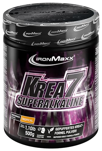 IronMaxx Krea7 Superalkaline Kreatin Pulver - Tropical 500g Dose | Hochdosierte 7-Komponenten-Formel | Vegan & Zuckerfrei